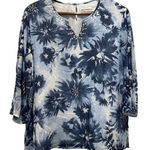 Alfred Dunner Petite ALFRED DUNNER Floral V Neck Top Sz 14 Petite Blue White Lined Beaded 3/4 Sleeve Photo 0