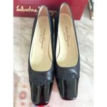 Salvatore Ferragamo Vintage Ferragamo Margaret Black Leather Embroidered Logo Low Pump Heel 10AAA Photo 1