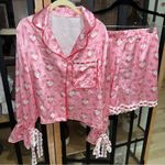 Amazon Coquette satin pajamas set bows hearts lace long sleeve shirt shorts silky top Photo 10