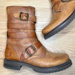 Frye Veronica Tanker Cognac Brown Leather Buckle Detail Combat Boots Photo 2