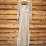 Mac Duggal NWT 11187 Gold Embroidered Lace Applique Shoulder Detail Trumpet Gown Photo 8