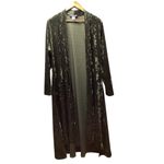 Pyramid Collection. Crushed velvet open front long duster. Olive Green. Large Green Photo 1