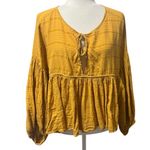 Free People Mustard Peasant Blouse Top – Boho Textured Gauze – Size L Photo 1