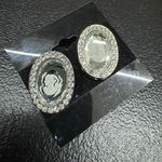 Cameo  Holographic Silver Tone Rhinestone Oval Earrings Regency Retro Preppy Photo 2