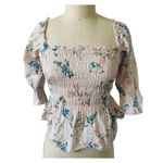 Saylor Pink Floral Clover Smocked Bodice Square Neck Peplum Blouse Photo 1
