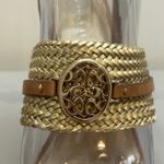 Coach Beatriz Sz 7.5 Leather Gold Woven Wedge Platform Sandals Glam READ Photo 2