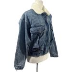 One World  Jean Bomber Jacket NWT Sz. Medium Trucker Distressed Pockets Photo 3