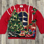 Vintage 3D knit ugly Christmas intarsia sweater with cat Red Size M Photo 0