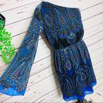 Gianni Bini NWT One Shoulder Long Sleeve Blue Paisley Boho Dress Size Small Photo 3