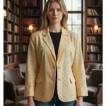 Sag Harbor Eyelet Jacket Lined 16P Yellow Button Down 3/4 Sleeve Office Chic Photo 1