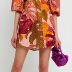 Kourt Tropical Leaf Puff Sleeve Mini Dress Pink Orange Multicolor Size S‎ NWT Photo 0