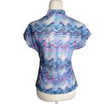 Vintage 80s Blouse Bow Tie Small Zigzag Pastel Purple Blue Short Sleeve Sheer Size M Photo 3