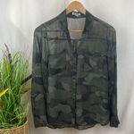 EXPRESS Green Camo Print Sheer Long Sleeve Convertible Button Front Blouse Top M Photo 1