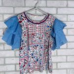 Anthropologie Let Me Be Floral Chambray Ruffle Flutter Sleeve Top Size S Photo 5