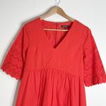 Madewell Eyelet Lattice V-neck 1/2 Bell Sleeve Mini Dress Bright Poppy size 4 Photo 3