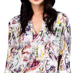 Tianello Washable Silk Blouse Size XL Blue Paisley Tunic 3/4 Sleeves Oversize Photo 0