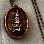 32” Vintage Locket Oval Eiffel Tower Necklace & Pendant Bronze Metal 1”H .75” W Brown Photo 2