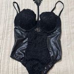 Dreamgirl  Black Pleather and Embroidered Mesh Bodysuit Photo 0