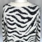 Hooked Up New Zebra Striped Fuzzy Knit Crewneck Sweater White Black Photo 7