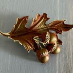 Amazing Vintage Leaf & Acorn Brooch Gold Tone Matte Green Brown & Copper Enamels Photo 5