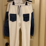 Two Piece Denim Detailing Cropped Zipper Jacket and Matching Drawstring Joggers White Size M Photo 2