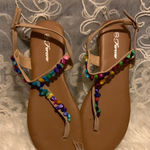 Forever 21 Tan Sandals with Beaded T-Strap Photo 0