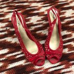 Y2K Coquette Whimsygoth Romantic Goth Vampy Fairy Red Pointelle Cut out Kitten Slingback Heels Pumps Bow Faux Leather Open peep toe Photo 0