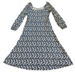 Boden Square Neck Navy White Print Dress Midi Stretch Long Sleeve Size 10 Womens Blue Photo 0