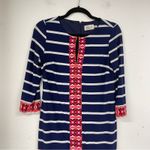 Eliza J  Navy Blue Striped Floral Print 3/4 Sleeve Shift Mini Dress Womens 6 Red Photo 1