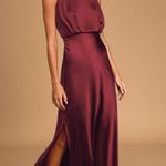 Lulus Classic Elegance Wine Satin Sleeveless Mock Neck Maxi Dress Photo 0