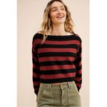Free People Boxy Boat Neck Into The Blue Pullover Sweater Brown Stripes Large Photo 3
