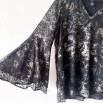 Alfani  Black Metallic Burnout Bell Sleeve Blouse Women’s Medium Photo 2