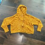 Free People  Mustard Yellow Eyelash Fuzzy Cropped Hooded Sweater Size Small Photo 1