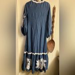 Farm Rio  $320 Flounce Long Sleeve Embroidered Maxi Dress Blue White Linen Blend Photo 4