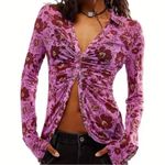 Free People  Lucky Shirtee Floral Shirt Lavender Sheer Mesh Retro Y2K 70s Large Photo 7