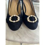 Talbots  Black Suede Leather Chunky Rhinestone Pearl Buckle Heel Photo 4