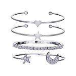 Boutique Silver Bangle Bracelet Set Crystal Star Moon Heart Charm Stackable Jewelry Photo 1