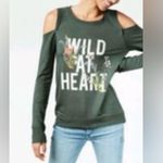 EXPRESS Wild At Heart Cold Shoulder Sweatshirt Dark Sage-Gray Size S Photo 1