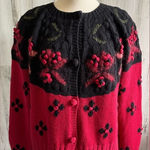 Vintage Handknit Folk 3D Floral Appliqué Cardigan sweater Unique Red Size M Photo 0