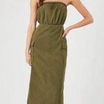 Womens Olive Green Drawstring Tube Dress Size S Cargo Pockets Back Slit Grunge Photo 0