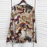 Mystery Mexican Print Smocked Top Bell Sleeve Tunic Shirt Tan‎ Multi Medium Tan Photo 9