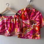 EXPRESS Pink and Orange Patterned Set Vibrant Button Down Top elastic tie shorts Photo 0