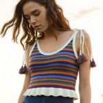 All Things Mochi NWT Knit Strappy Tank Top Rainbow Stripe Tassels Boho Festival Blue Photo 0
