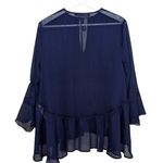 ZARA  Keyhole Ruffle Hem Sheer Top Womens Size L Bell Sleeves Navy Metallic Photo 1