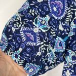 Talbots Size M Pleated Sleeve Top Floret Medallion Elbow Sleeve Split Neck Blue Photo 4