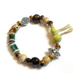 Guru Bracelet green brown tan ceramic beads lotus silver charm stretchy Photo 3