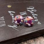Vintage 1970s Purple Floral Glass Cabochon Earrings Stainless Steel Photo 4