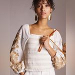 Anthropologie  Women’s Smocked Embroidered Puff Sleeve Square Neck White/Gold L Photo 0