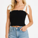 Women's KATIEJ NYC Black Smocked Crop Top with White Tie Straps, Size XL Photo 0