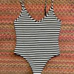 NWOT SUNDAY BEST BLACK WHITE STRIPE CAMI V NECK THONG BODYSUIT ONE PIECE Size M Photo 0